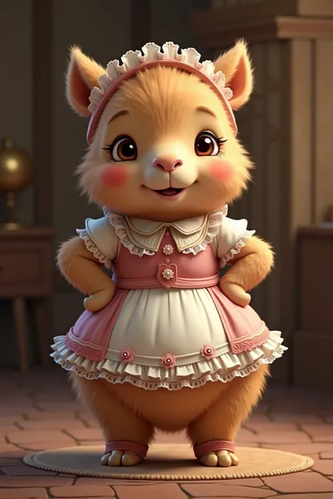 photorealistic portrait of Dressed animals - a ((fat)) chibi  baby(camel) maid, (art by  Giuseppe Arcimboldo:1.2),(full body image:1.5),(furry),(happy smile),(hands on hips:1.5), ,(intricate detailed (Lolita Fashion:1.5), highly detailed clothes ,ruffle he...