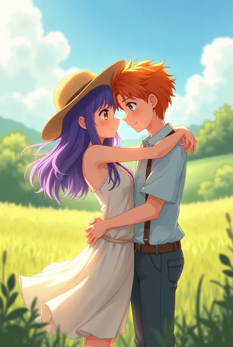  anime girl image, cabello morado,  golden eyes , sweet straw hat with country dress hugging a 18 year old boy with orange hair and gray eyes Both agers 