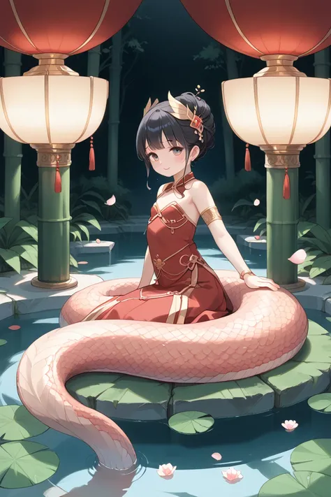 score_9, score_8_up, score_7_up, source_anime,
(Close-up of a petite Chinese female Lamia, her upper body gracefully human and her lower body a shimmering, serpentine tail, sits serenely in the coils of her gleaming, scaled lower body. Her long flowing red...