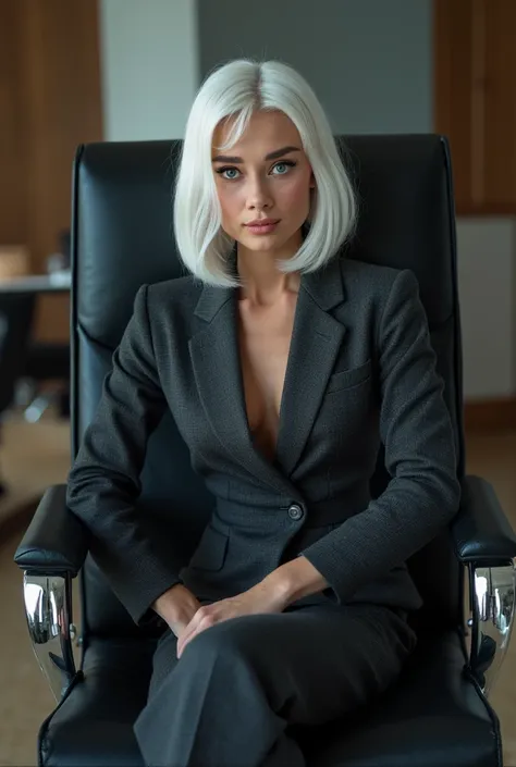 a sexy woman with white hair and blue eyes wearing a smart suit and sitting in a corporate chair