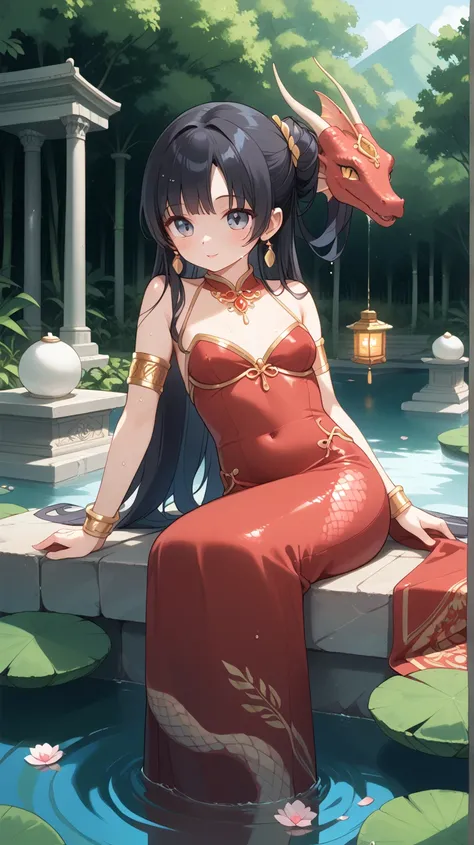 score_9, score_8_up, score_7_up, source_anime,
(Close-up of a petite Chinese female Lamia, her upper body gracefully human and her lower body a shimmering, serpentine tail, sits serenely in the coils of her gleaming, scaled lower body. Her long flowing red...