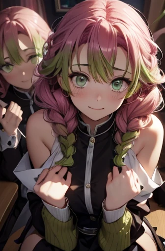  Mitsurikan Record, Mitsuri Kanroji, Braid,  Degraded hair, ( green eyes:1.5),  green hair,  wide hair, mole,  polka dots under the eyes ,  multicolored hair,  pink hair, Twin Braids,  bicolor hair ,  Brake belt , skirt negra, neckline,  shelter , uniforme...