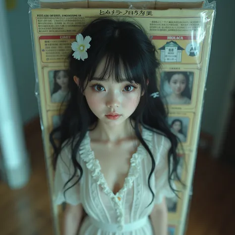 Doll Packaged Girl Standing FullBody. a Adolescent Girl Trapped in Blister Package on Decorative Cardboard with instructions, LifeLike Live-Action, Beautiful Reflective Eyes, Innocent, FlowerHairpin, Open Cleavage from DirectlyAbove, SpecularReflection, St...