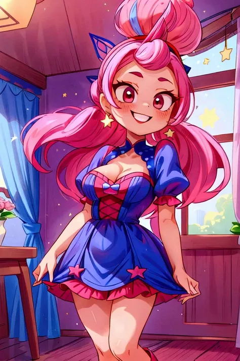 (masterpiece, best quality) standing, indoor, intricate detail, sunlight, dar blue navy frill dress, red boots, pink hair with a high ponytail, smile face, red eyes, cute stars diadema, smiley and sexy expression, sexy pose, coquette, gorgeous legs, mature...