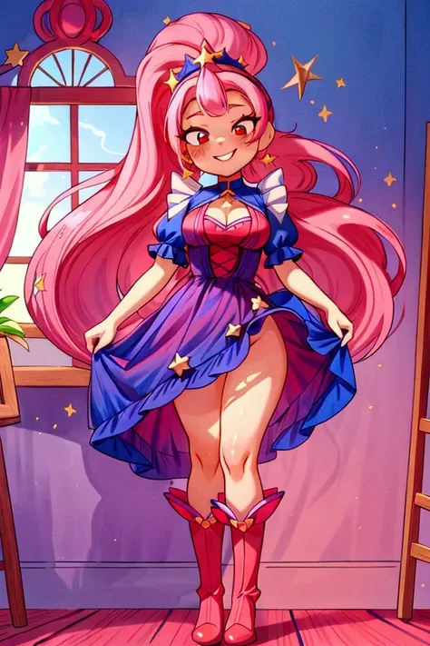 (masterpiece, best quality) standing, indoor, intricate detail, sunlight, dar blue navy frill dress, red boots, pink hair with a high ponytail, smile face, red eyes, cute stars diadema, smiley and sexy expression, sexy pose, coquette, gorgeous legs, mature...