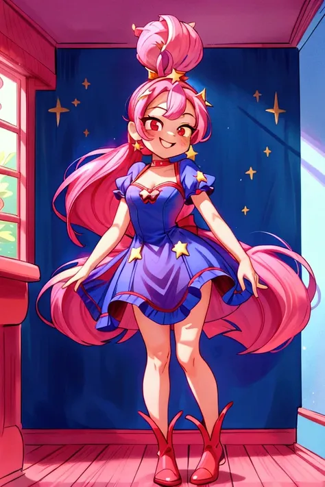 (masterpiece, best quality) standing, indoor, intricate detail, sunlight, dar blue navy frill dress, red boots, pink hair with a high ponytail, smile face, red eyes, cute stars diadema, smiley and sexy expression, sexy pose, coquette, gorgeous legs, mature...