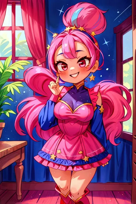 (masterpiece, best quality) standing, indoor, intricate detail, sunlight, dar blue navy frill dress, red boots, pink hair with a high ponytail, smile face, red eyes, cute stars diadema, smiley and sexy expression, sexy pose, coquette, gorgeous legs, mature...