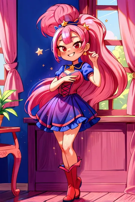 (masterpiece, best quality) standing, indoor, intricate detail, sunlight, dar blue navy frill dress, red boots, pink hair with a high ponytail, smile face, red eyes, cute stars diadema, smiley and sexy expression, sexy pose, coquette, gorgeous legs, mature...