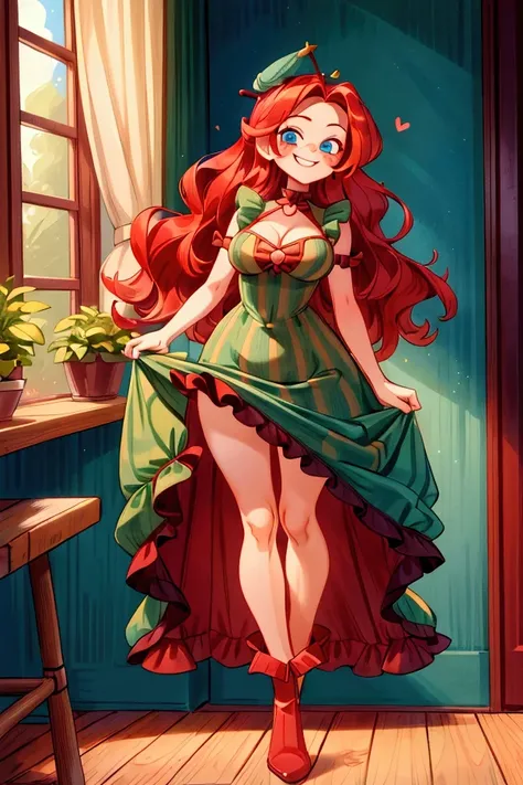 (masterpiece, best quality) standing, indoor, intricate detail, sunlight, dark green striped frill dress, red boots, red hair, smile face, blue eyes, smiley and sexy expression, sexy pose, coquette, gorgeous legs, mature ager body, lovely, gorgeous body, p...