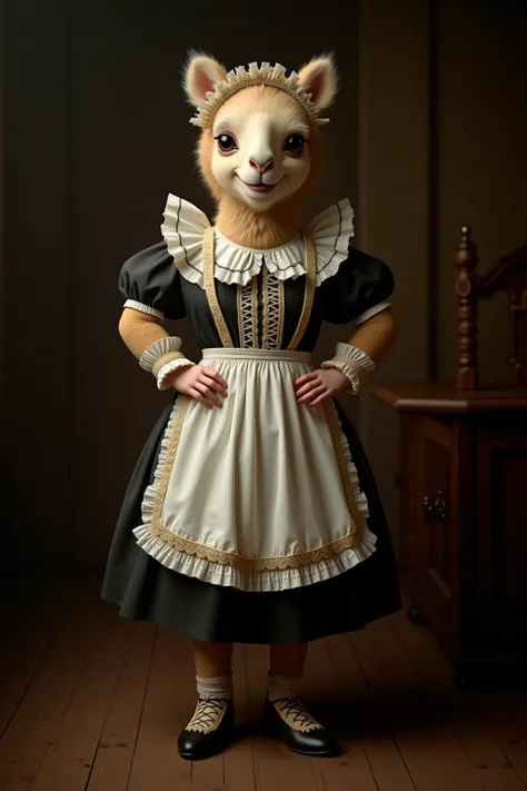 photorealistic portrait of Dressed animals - a ((fat)) baby(camel) maid, (art by Giuseppe Arcimboldo:1.2),(full body image:1.5),(furry),(happy smile),(hands on hips:1.5), ,(intricate detailed (Lolita Fashion:1.5), highly detailed clothes ,ruffle headband, ...