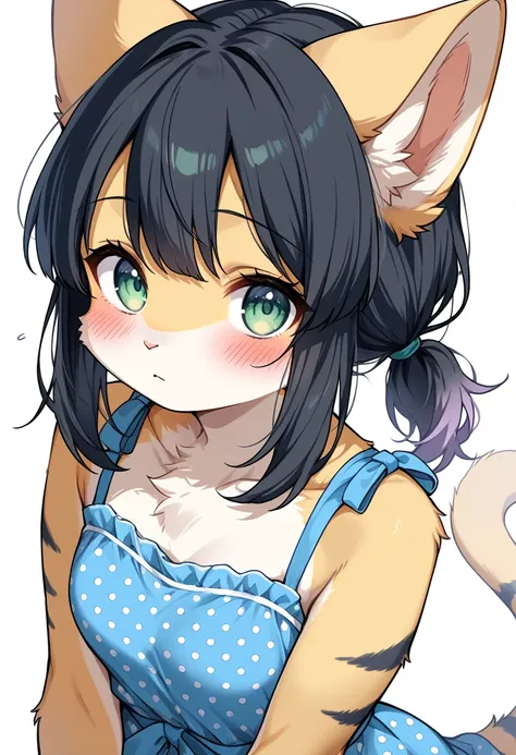 1girl, (furry, kemono:1.4), cat girl, animal nose, cat ears, cat tail, green eyes, black hair, blush, sidelocks, medium hair, ponytail, short ponytail, hair down, polka dot dress, dress, blue dress, polka dot, looking at viewer, solo, official alternate co...