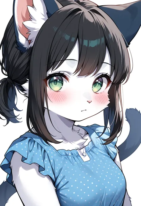 1girl, (furry, kemono:1.4), cat girl, animal nose, cat ears, cat tail, green eyes, black hair, blush, sidelocks, medium hair, ponytail, short ponytail, hair down, polka dot dress, dress, blue dress, polka dot, looking at viewer, solo, official alternate co...