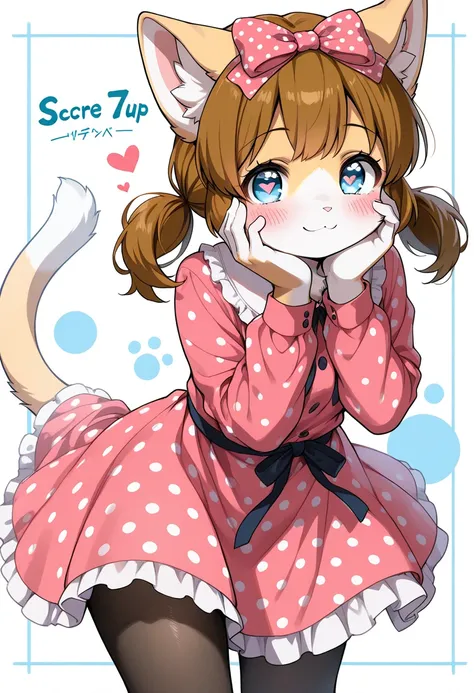 1girl, (furry, kemono:1.4), cat girl, animal nose, cat ears, cat tail, brown hair, blue eyes, twintails, symbol-shaped pupils, short twintails, heart-shaped pupils, polka dot, polka dot dress, hair bow, dress, pantyhose, bow, solo, character name, heart, h...