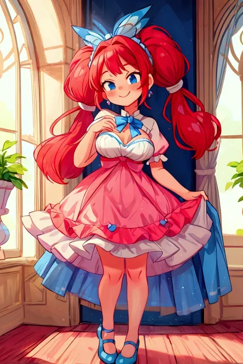 (masterpiece, best quality), 1girl, blue and white frill dress, red hair, two ponytails, cute face, blue eyes, standing, indoor, intricate detail, sunlight, diadema, sexy pose, blue and white shoes, earrings, elegant hand watch, smile, coquette, gorgeous l...