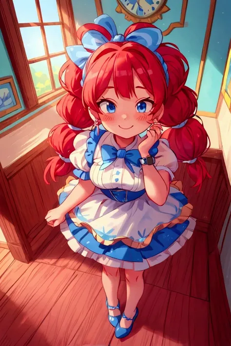 (masterpiece, best quality), 1girl, blue and white frill dress, red hair, two ponytails, cute face, blue eyes, standing, indoor, intricate detail, sunlight, diadema, sexy pose, blue and white shoes, earrings, elegant hand watch, smile, coquette, gorgeous l...