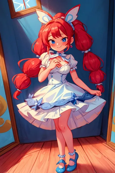 (masterpiece, best quality), 1girl, blue and white frill dress, red hair, two ponytails, cute face, blue eyes, standing, indoor, intricate detail, sunlight, diadema, sexy pose, blue and white shoes, earrings, elegant hand watch, smile, coquette, gorgeous l...