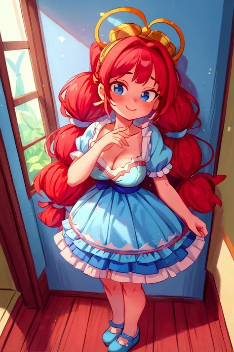 (masterpiece, best quality), 1girl, blue and white frill dress, red hair, two ponytails, cute face, blue eyes, standing, indoor, intricate detail, sunlight, diadema, sexy pose, blue and white shoes, earrings, elegant hand watch, smile, coquette, gorgeous l...