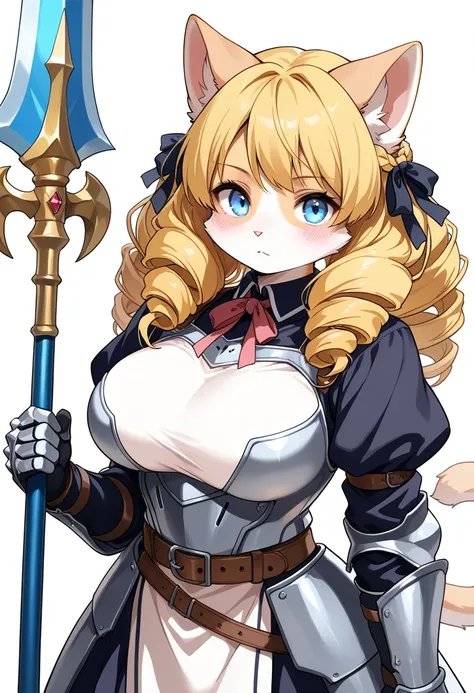 1girl, (furry, kemono:1.4), cat girl, animal nose, cat ears, cat tail, blonde hair, breasts, blue eyes, drill hair, large breasts, twin drills, braid, long hair, dress, puffy sleeves, armor, hair ribbon, red dress, belt, looking at viewer, gauntlets, polea...