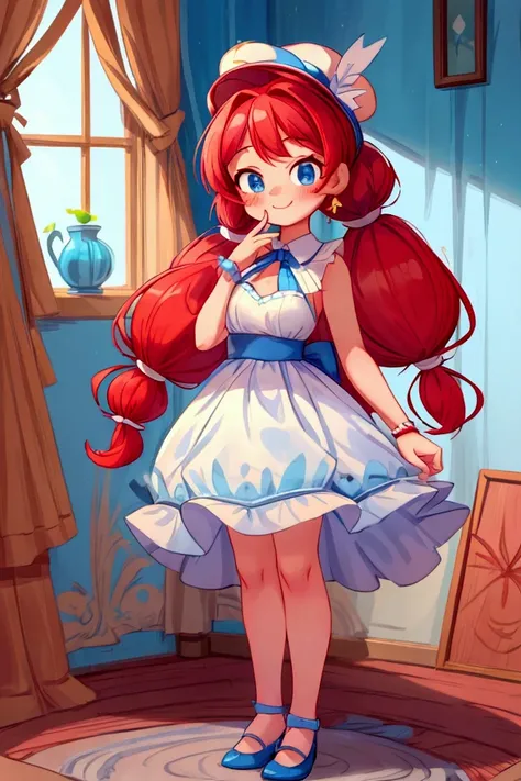 (masterpiece, best quality), 1girl, blue and white frill dress, red hair, two ponytails, cute face, blue eyes, standing, indoor, intricate detail, sunlight, elegant hat, sexy pose, blue and white shoes, earrings, elegant hand watch, smile, coquette, gorgeo...