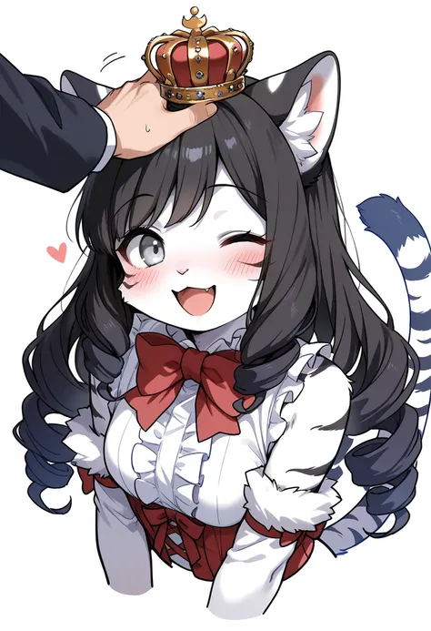 1girl, (furry, kemono:1.4), cat girl, animal nose, cat ears, cat tail, one eye closed, black hair, long hair, animal ears, headpat, open mouth, grey eyes, blush, bare shoulders, drill hair, ;d, tiger ears, animal print, tiger print, fur trim, frills, detac...