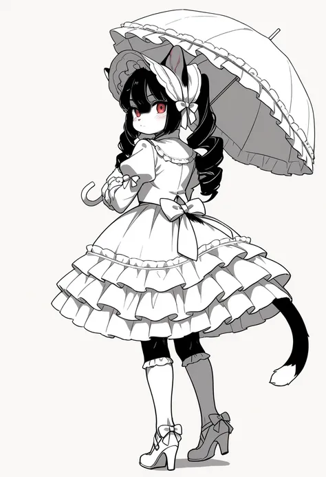 1girl, (furry, kemono:1.4), cat girl, animal nose, cat ears, cat tail, drill hair, long hair, red eyes, twin drills, looking back, twintails, black hair, long sleeves, kneehighs, lolita fashion, socks, frills, skirt, bonnet, puffy sleeves, shoes, high heel...