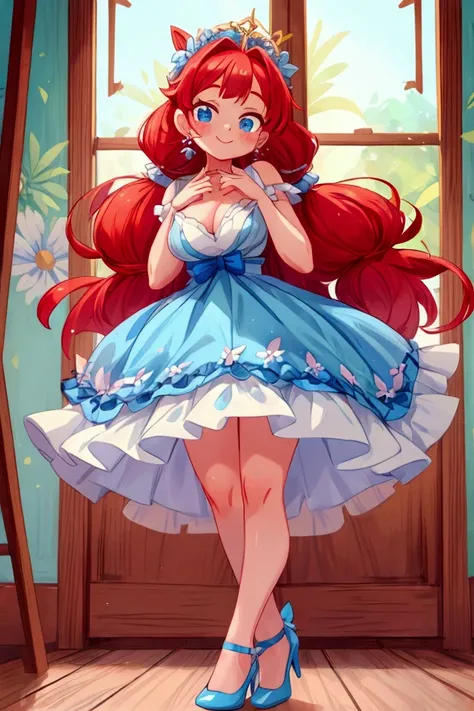 (masterpiece, best quality), 1girl, blue and white frill dress, red hair, two ponytails, cute face, blue eyes, standing, indoor, intricate detail, sunlight, flower crown, sexy pose, blue heels shoes, earrings, elegant hand watch, smile, coquette, gorgeous ...