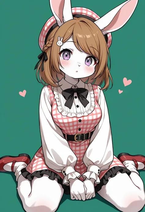 1girl, (furry, kemono:1.4), rabbit girl, animal nose, rabbit ears, braid, brown hair, medium hair, blush, swept bangs, parted lips, :o, grey eyes, dot nose, breasts, hat, dress, plaid, plaid dress, beret, long sleeves, frills, belt, socks, puffy sleeves, c...