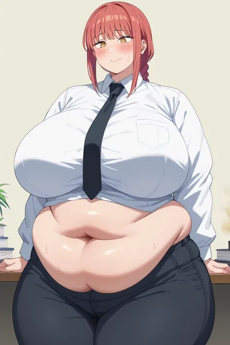 Makima, Makima,  long hair、bangs、 shirt、 Long Sleeve, yellow eyes, white  shirt、 braided 、 thighs、Red Hair、 ties, collared  shirt、 black pants 、black  ties,gigantic breasts,enormous breasts,Sloppy belly fat, women who seem to fart,A large amount of gas has...