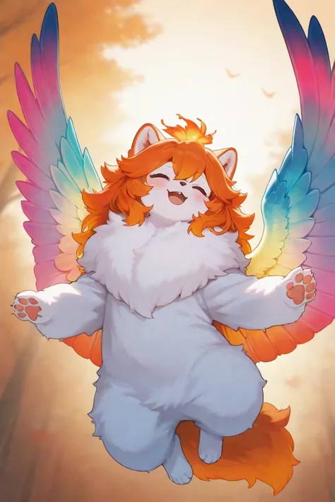 Full body from the front. Fluffy fur all over the body, bright orange mane, with 2 pairs of large, iridescent gradient bird wings, Big Bluc