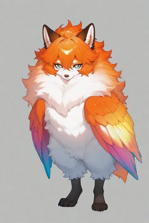 Full body from the front. Fluffy fur all over the body, bright orange mane, with 2 pairs of large, iridescent gradient bird wings, Big Bluc