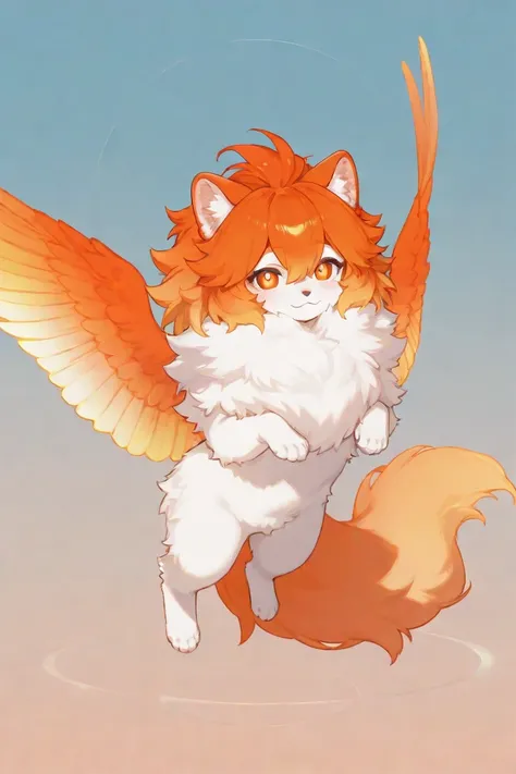 Full body from the front. Fluffy fur all over the body, bright orange mane, with 2 pairs of large, iridescent gradient bird wings, Big Bluc