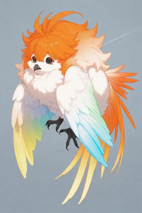 Full body from the front. Fluffy fur all over the body, bright orange mane, with 2 pairs of large, iridescent gradient bird wings, Big Bluc