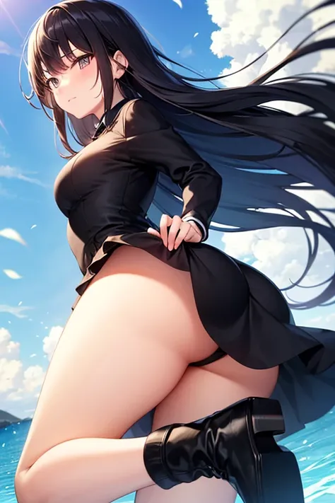 black dress, long hair, very short skirt, windy, square pants