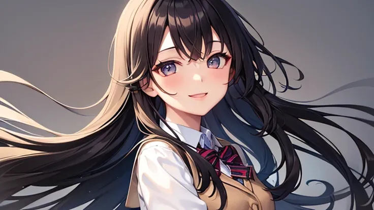  1 girl、 long black hair、Plain background、 look at me and smile、 school uniform