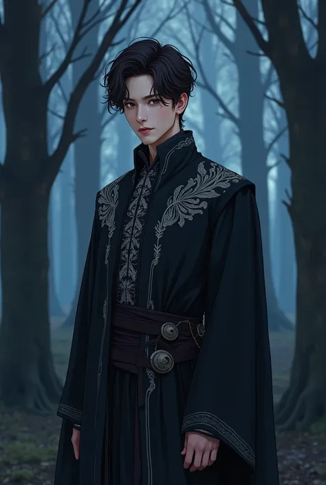 2D anime style image of a 27-year-old male character named Viy, tall (185-190 cm), slender yet muscular build, noble and elegant appearance inspired by Kim Taehyung (BTS) and Suguro Geto (Jujutsu Kaisen), dressed in Slavic clothes with black embroidered sh...