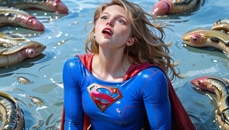 Supergirl's lower body is buried in a swarm of earthworms、Accurate costumes,(((Supergirl with a painful expression)))、鰻はスーパーガールのスーツに噛みつく