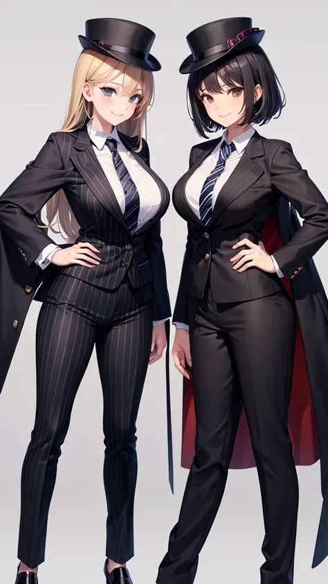 Two sexy older sisters in black striped luxury pantsuits　　 ties　　smile　 high resolution　 HD