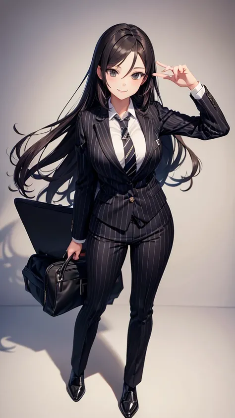 Sexy older sister in a black striped luxury suit　　 ties　　smile　 high resolution　 HD