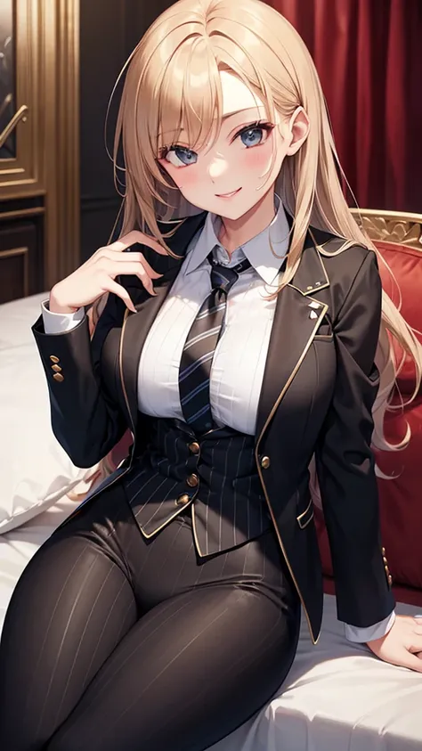 Sexy older sister in a black striped luxury suit　　 ties　　smile　 high resolution　 HD