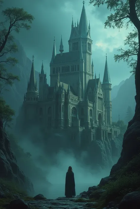  A huge magical castle ， can be similar to Minatiris in the Lord of the Rings movies，Filled with the style of elves ，And there's an elf watching the castle with a black background