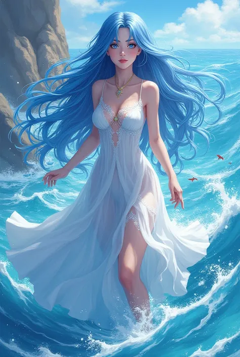 A beautiful woman with long blue hair and blue eyes who can manipulate the ocean in summer with anime characters