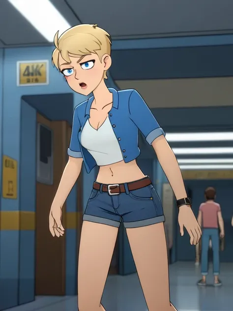 Artwork on panel , blue-colored eyes,   short blond hair ,  wearing a tight blue t-shirt with a low neckline ,  wearing shorts ,  skinny denim shorts with open buttons, defined body, 4K HD image 