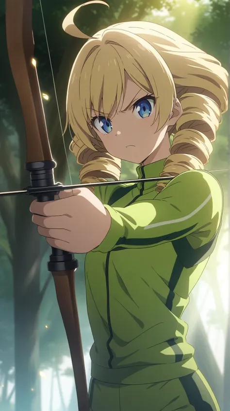 ( score_9, score_8_up, score_7_up ), ultra-detailed, detailed face, 

Solo, a girl, scowl, blonde, long hair, drill hair, ahoge, blue eyes, slant eyes, narrow eyes, wearing green long sleeves sportswear and green long pants sportswear, Black platform boots...