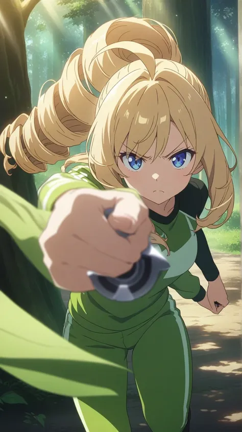 ( score_9, score_8_up, score_7_up ), ultra-detailed, detailed face, 

Solo, a girl, scowl, blonde, long hair, drill hair, ahoge, blue eyes, slant eyes, narrow eyes, wearing green long sleeves sportswear and green long pants sportswear, Black platform boots...