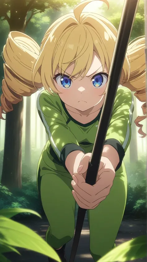 ( score_9, score_8_up, score_7_up ), ultra-detailed, detailed face, 

Solo, a girl, scowl, blonde, long hair, drill hair, ahoge, blue eyes, slant eyes, narrow eyes, wearing green long sleeves sportswear and green long pants sportswear, Black platform boots...