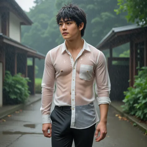 live-action, surreal,photograph, in ultra high quality,Handsome teenage Japanese elementary school boy walking through the rain wearing transparent black slacks and a transparent white shirt with a collar closed with a button,Nipples can be seen through a ...