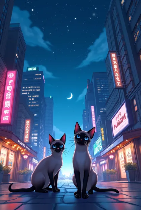 Do Siamese cats in a city at night anime type wallpaper