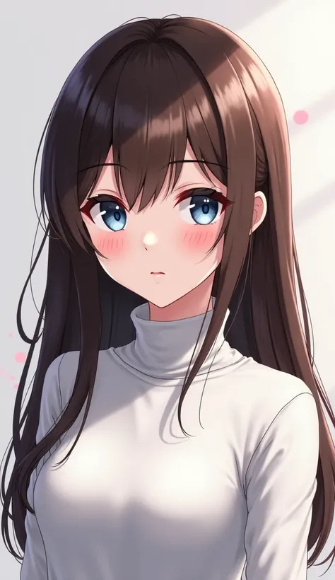  anime girl (appearance= "light skin", "Long hair mocha " , " blue eyes", "height: 160cm") (outfit= " white turtleneck sweater") 2d,  super detailed ,  Precise,  The best quality, 4k,  High Details,  High resolution 