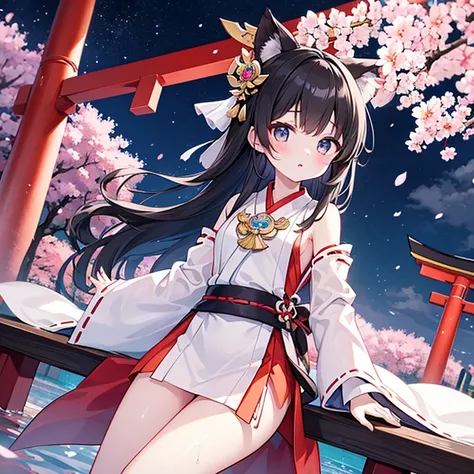  dark-haired girl、miko clothes、moon、cherry blossoms、night、torii、 white skin、sword、Wet clothhes