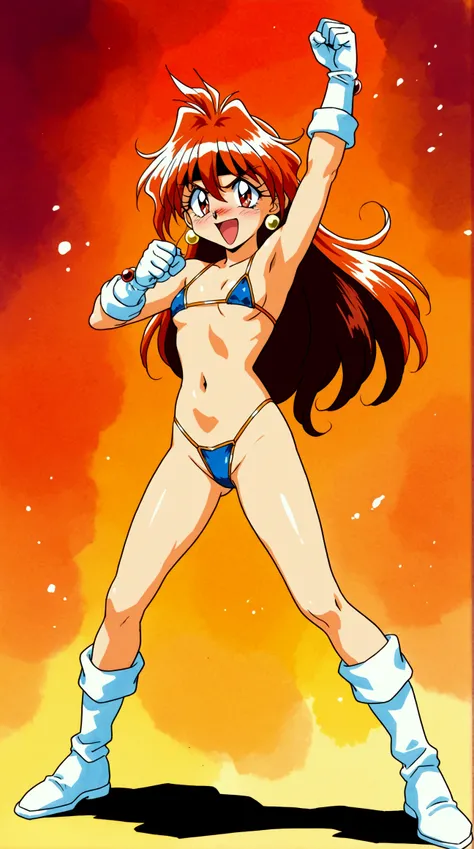 full body, Anime style 90's , Lina Inverse  ( from Anime Slayers) wearing micro bikini, standing,  Fight position , Anime style 90's ,  watercolor texture 